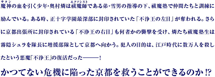 魔神の血を引く少年・奥村燐は祓魔師である弟・雪男の指導の下、祓魔塾で仲間たちと訓練に励んでいる。ある時、正十字学園最深部に封印されていた「不浄王の左目」が奪われる。さらに京都出張所に封印されている「不浄王の右目」も何者かの襲撃を受け、燐たち祓魔塾生は霧隠シュラを隊長に増援部隊として京都へ向かう。犯人の目的は、江戸時代に数万人を殺したという悪魔「不浄王」の復活だった―！かつてない危機に陥った京都を救うことができるのか！？