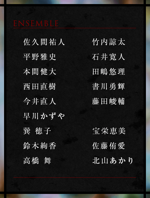 佐久間祐人　竹内諒太　平野雅史　石井寛人　本間健大　田嶋悠理　西田直樹　書川勇輝　今井直人　藤田峻輔　早川かずや　巽 徳子　宝栄恵美　鈴木絢香　佐藤侑愛　高橋 舞　北山あかり